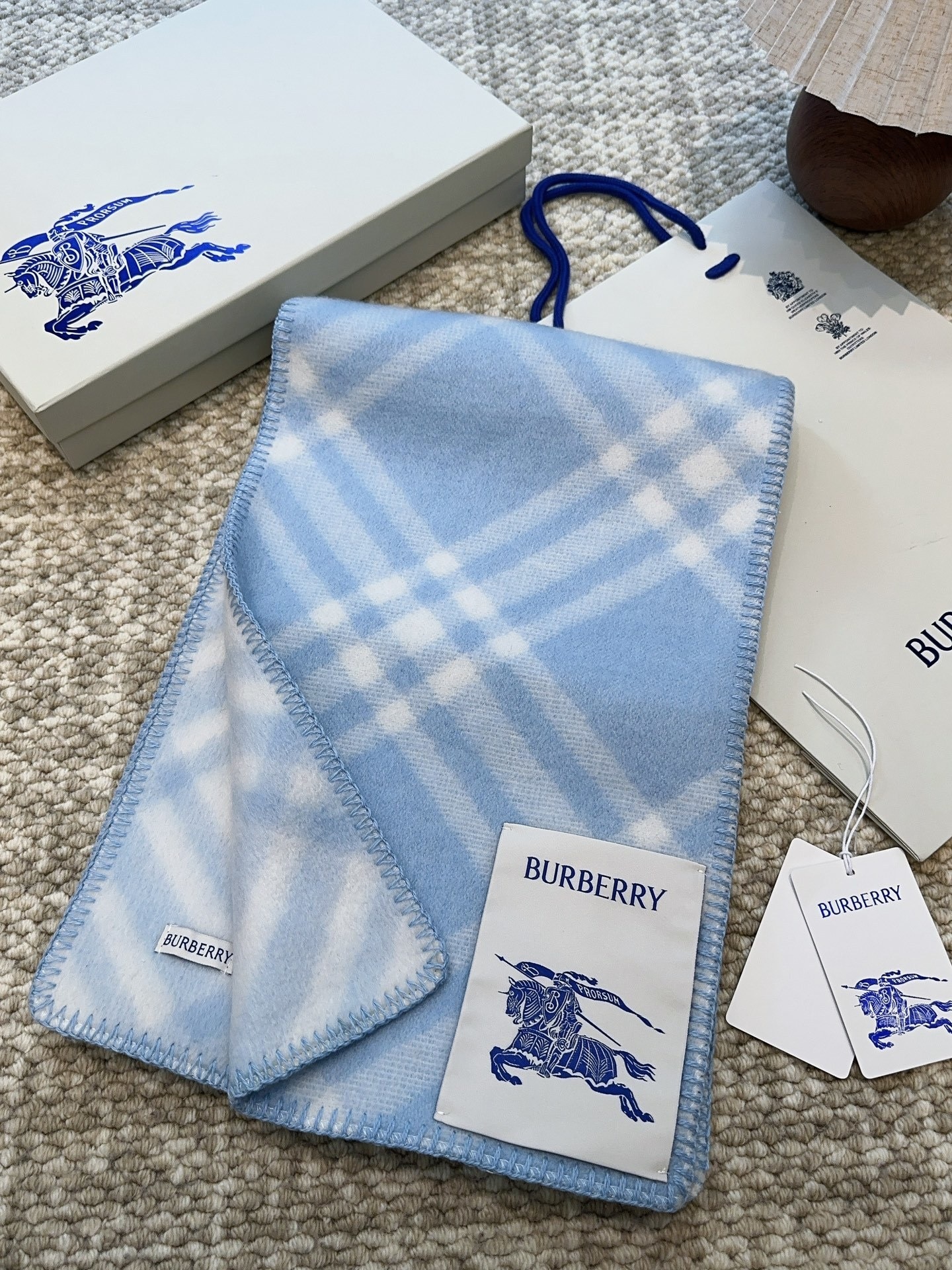 Burberry Cashmere Scarf Blue Plaid Pattern For Women 182cm