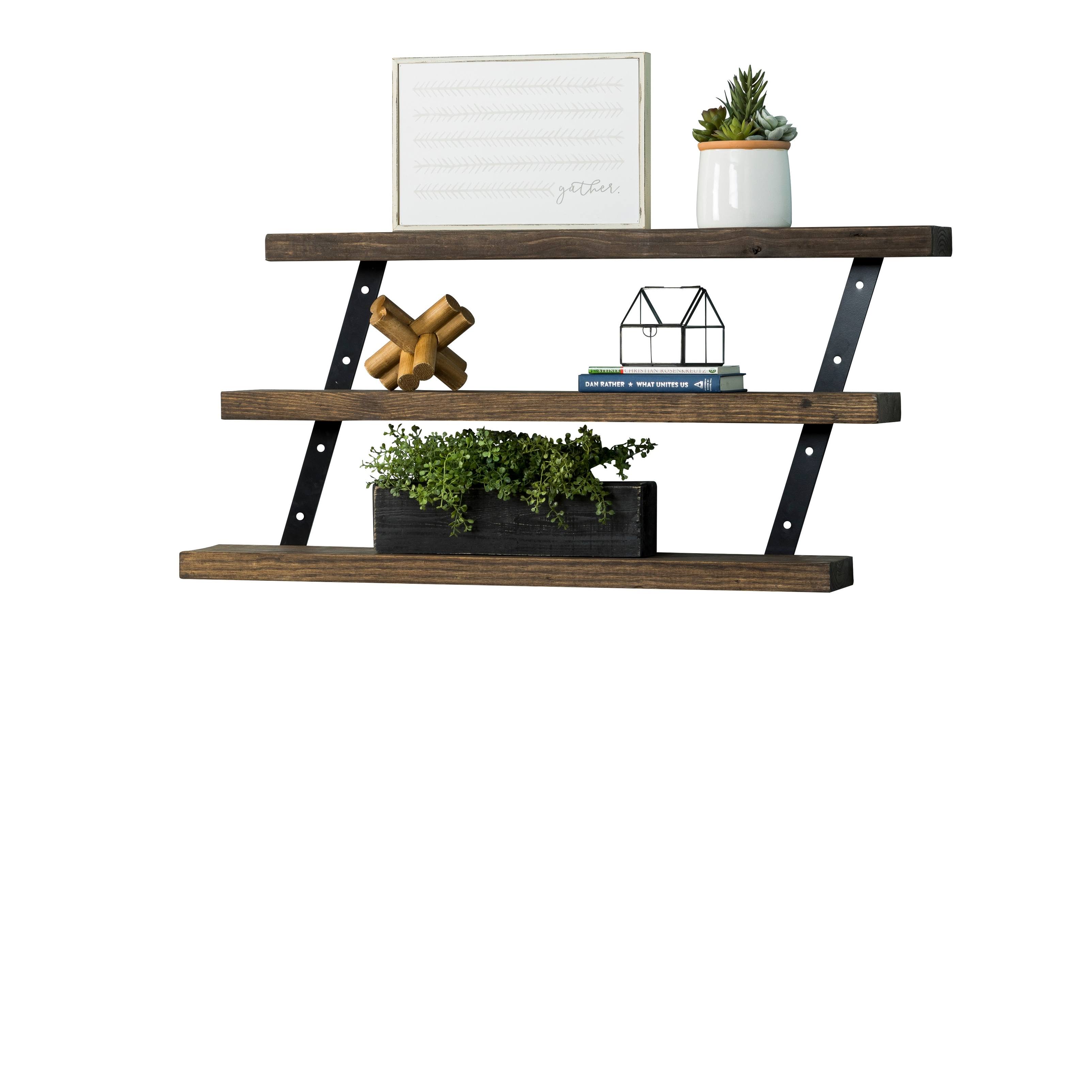 Del Hutson Designs Dark Walnut 36Inch Industrial 3-Tier Floating Shelf, Brown