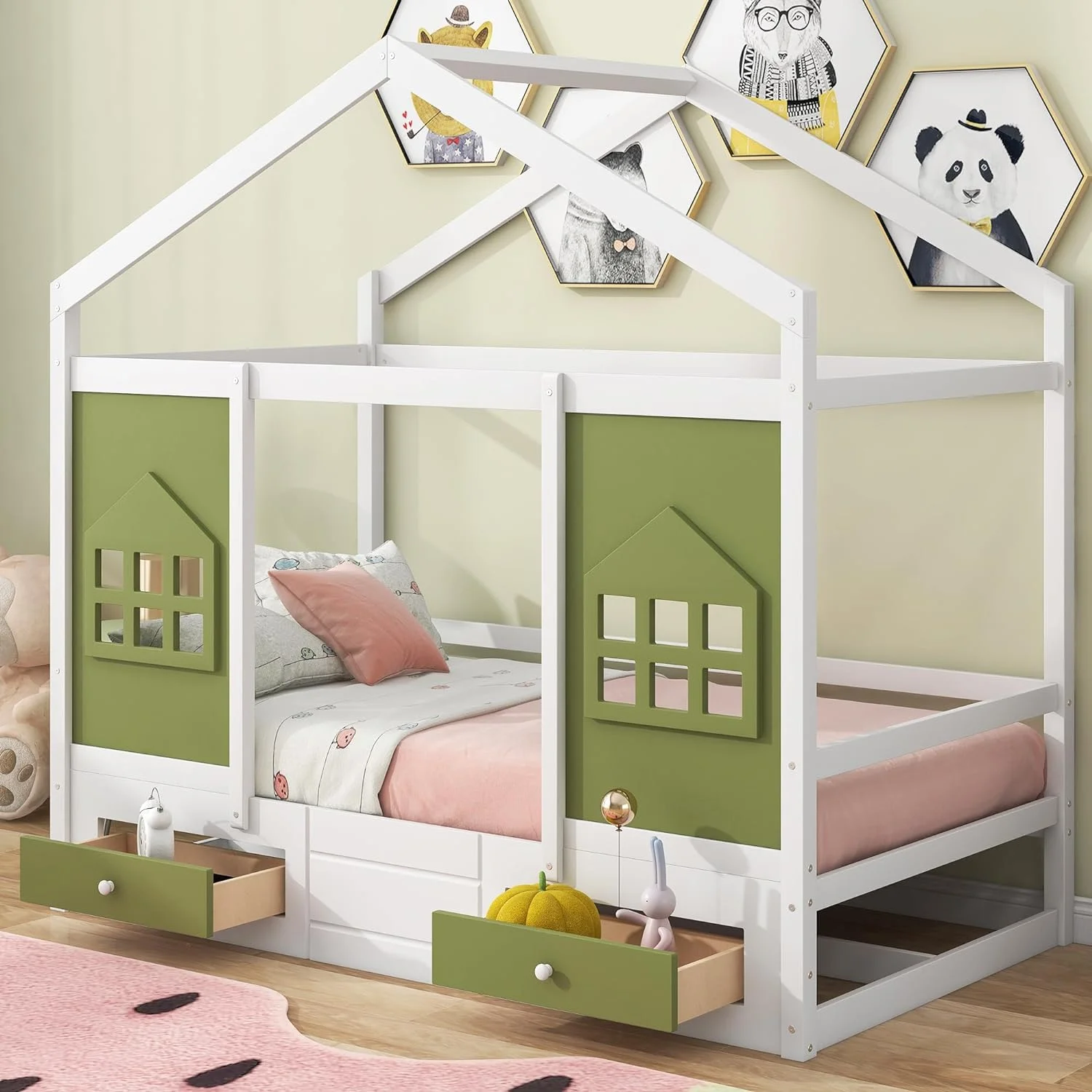Size Wood House Bed With 2 Drawers Ad Widow Decoratio,Woode Bed Frame With Roof & Widow Desig,White+Olive Gree