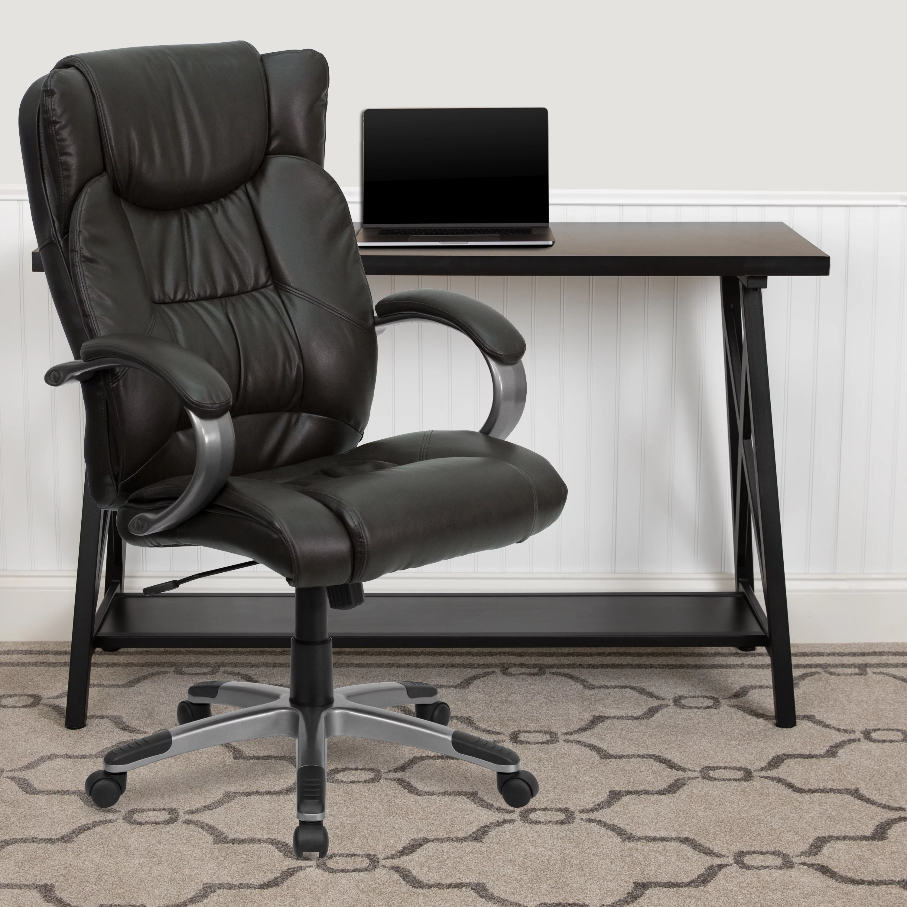 BizChair High Back Espresso Brown LeatherSoft Soft Ripple Upholstered Executive Swivel Office Chair with Titanium Nylon Base and Loop Arms