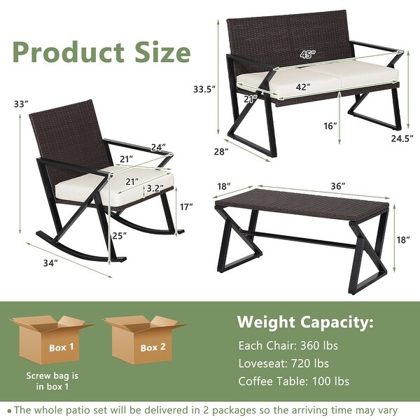 4PCS Patio Rattan Wicker Rocking Chairs Loveseat Table Rocker