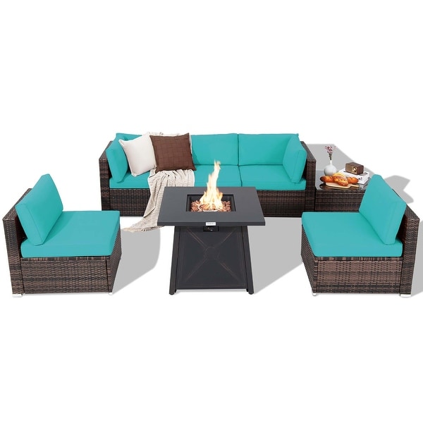 7PCS Patio Conversation Set Furniture Set w /50,000 BTU Fire Pit Table