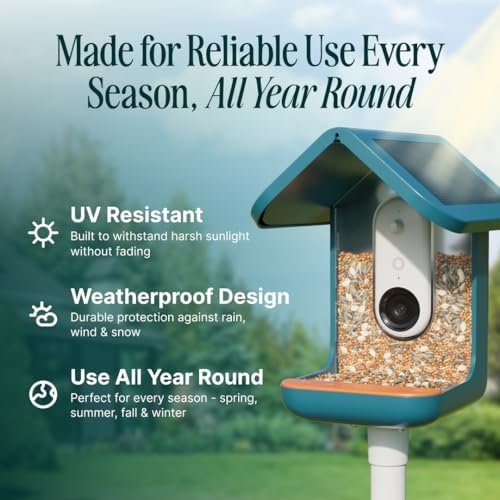 Solar Smart Bird Feeder with Camera – AI Bird Species Identification, 5MP Photos, 2K HD Video Live Stream Camera, Slow-Motion Video, 2.6in Focus – Blue Solar