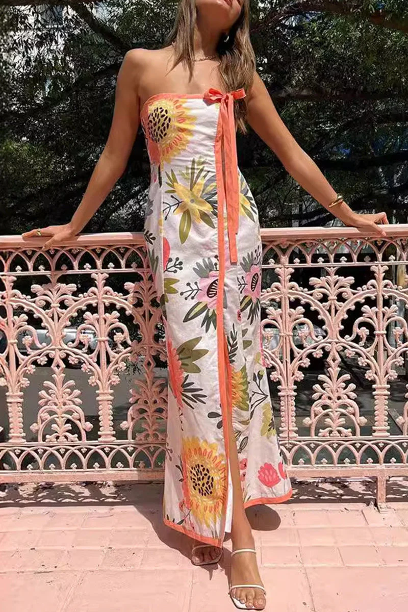 Strapless Lace-Up Maxi Dress with Floral Print & SlitClistos