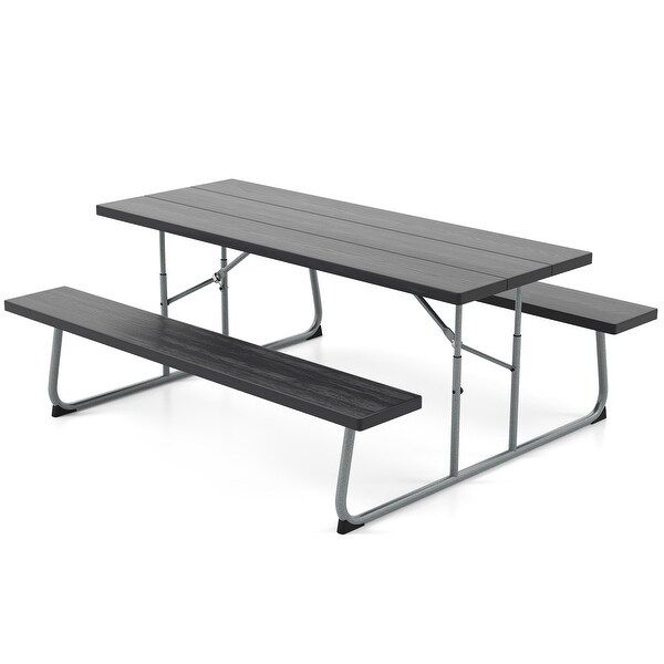 Folding Picnic Table Set with Metal Frame and AllWeather HDPE Tabletop,Umbrella Hole