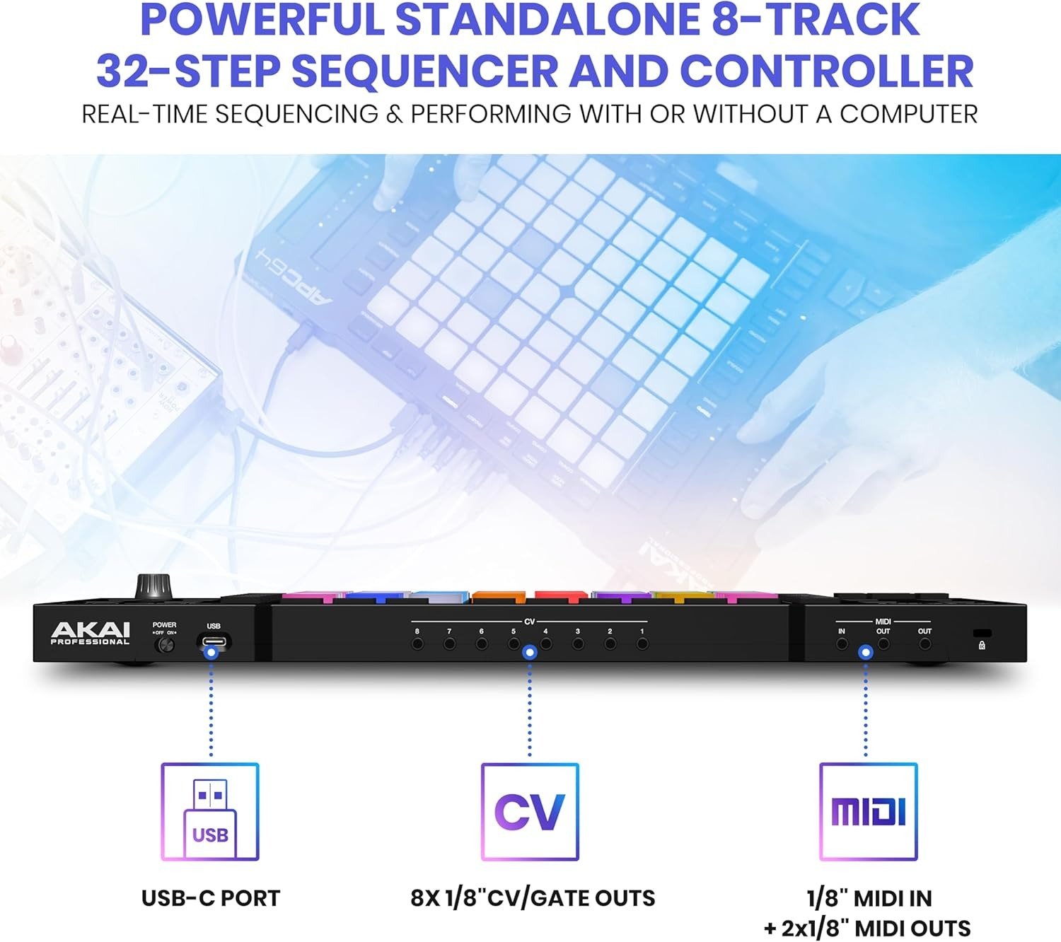 MIDI Controller with 8 Touch Strips, Step Sequencer, 64 RGB Velocity-Sensitive Pads, CV Gates, MIDI In and Out, USB-C
