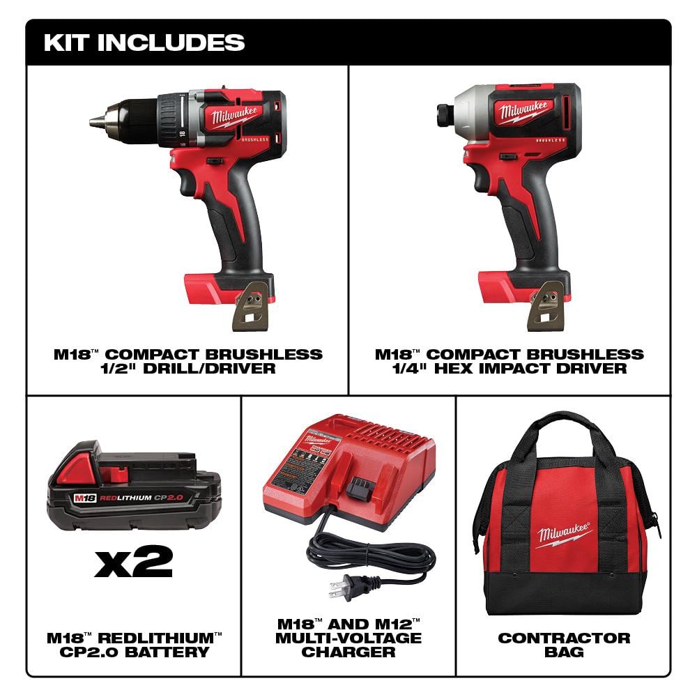 Milwaukee M18 18V Lithium-Ion Brushless Cordless Compact Drill/Impact Combo Kit (2-Tool) W/ (2) 2.0Ah Batteries, Charger & Bag 2892-22CT