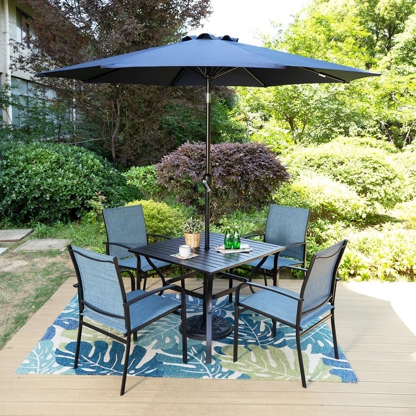 MAISON ARTS 6Piece Patio Dining Set,37 Inch Square Metal Table and 4 Textilene Dining Chairs with 9ft Patio Umbrella