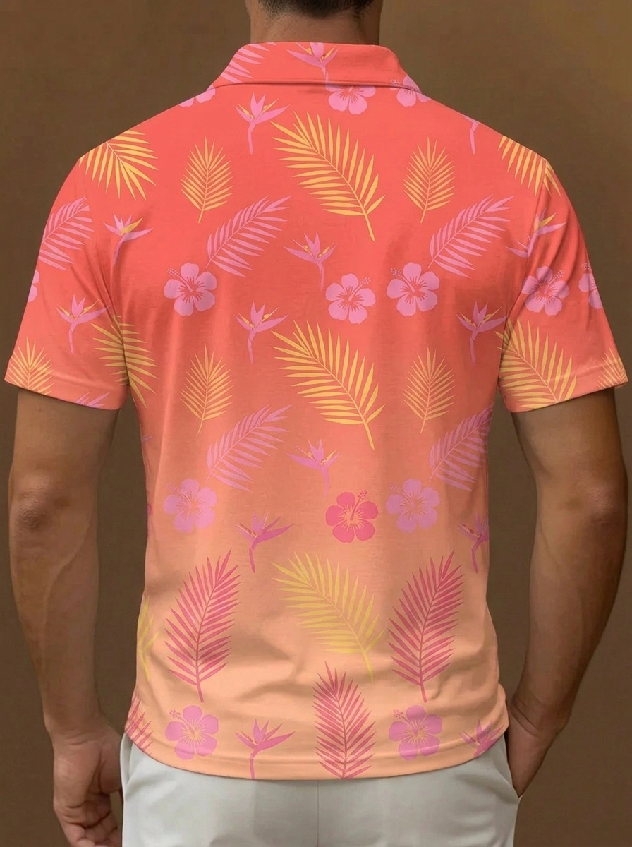 Coral Peach Gradient Tropical Leaf Print Short Sleeve Golf Polo Shirt