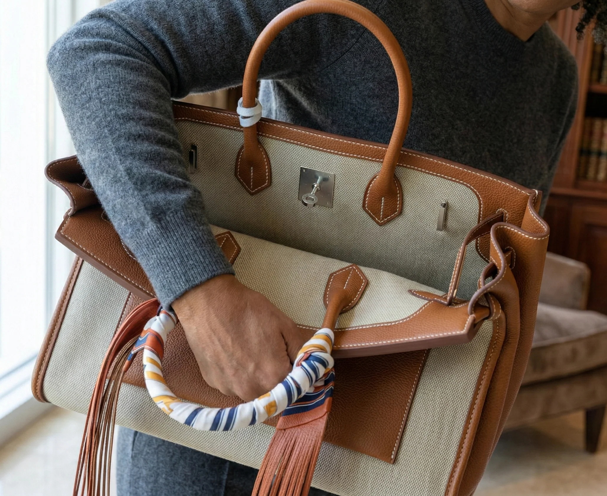 Hermès Birkin 35 À L'Envers Ficelle/Ecru Toile H & Fauve Barenia Faubourg Palladium Hardware