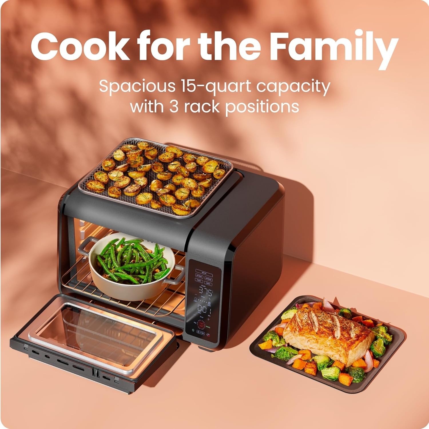 15QT 5-in-1 Air Fryer Toaster Oven Combo, 450°F Max Temp, Flip Reminder, Touch Control, 4-Slice Capacity, Black