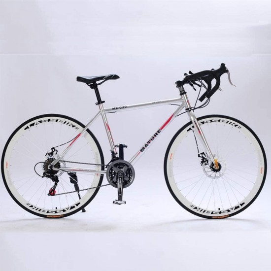 700C Road Bike 21/27/30 Variable Speed Bicycle Bend Handle Double Disc Brake Aluminum Road Bicycle Male and Female Bike,Titanium Silver,27