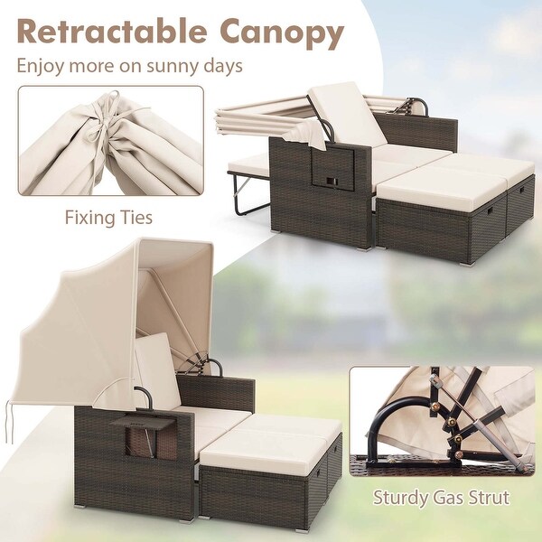 Patio Rattan Daybed w/Retractable Canopy Cushioned Double Bed Lounger