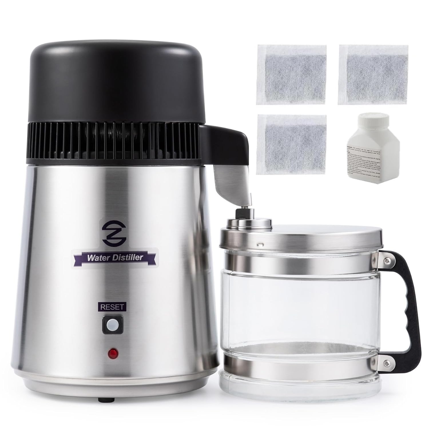4L Brushed Stainless Steel Countertop Distiller Machine, Home Distilled Water Maker with Glass Pot, Purifier to Make Clean Water