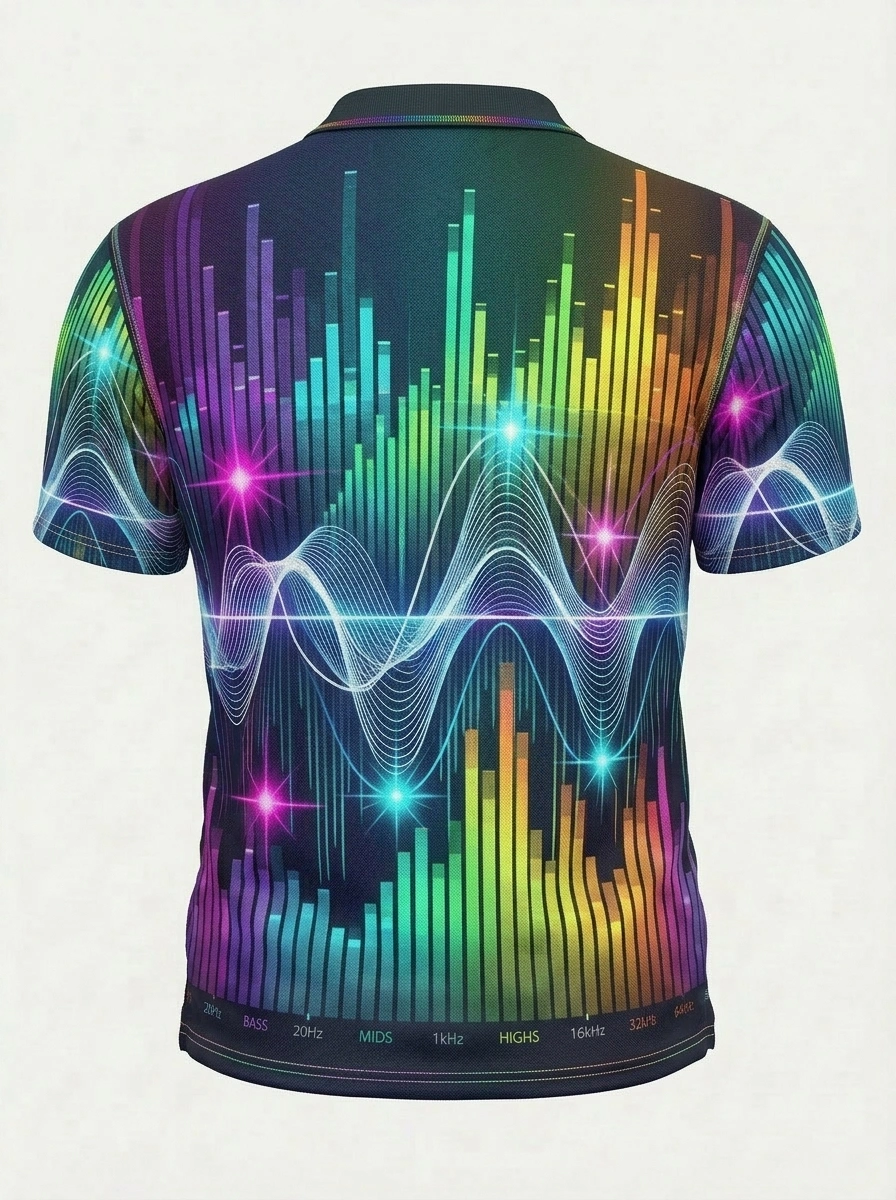 Moisture Wicking Golf Polo 3D Neon Sound Wave Equalizer Button Short Sleeve Golf Polo Shirt
