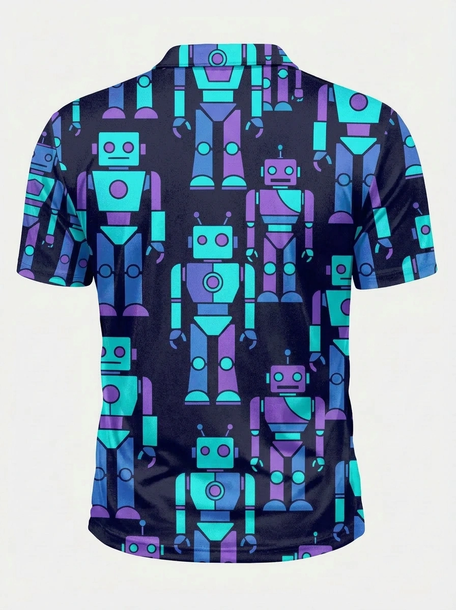 Moisture Wicking Golf Polo 3D Dark Blue Robot Button Short Sleeve Golf Polo Shirt