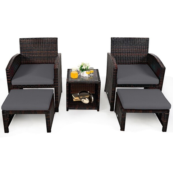 Gymax 5PCS Rattan Patio Furniture Set Chair and Ottoman Set w/ Grey