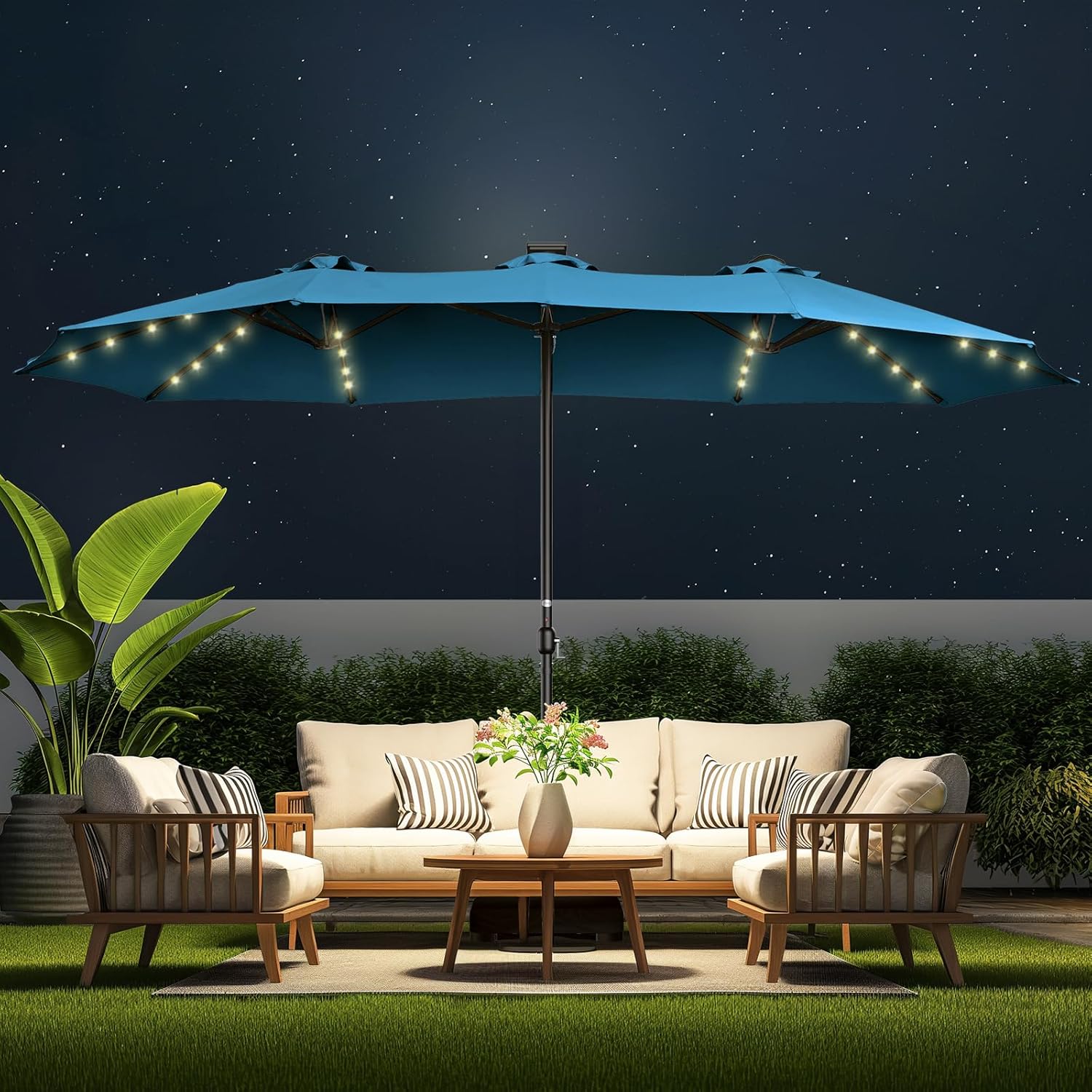 Double Sided Patio Umbrellas - 15ft Solar Lights LED Lighted Outdoor Extra Large Market Table Umbrella with Base Included, Oversized Umbrella for Deck, Pool, Backyard (Beige)