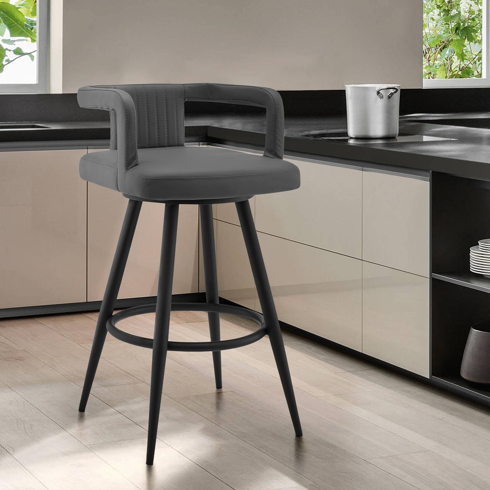30x22 Gabriele Barstool with Gray Faux Leather Black Metal Finish - Armen Living