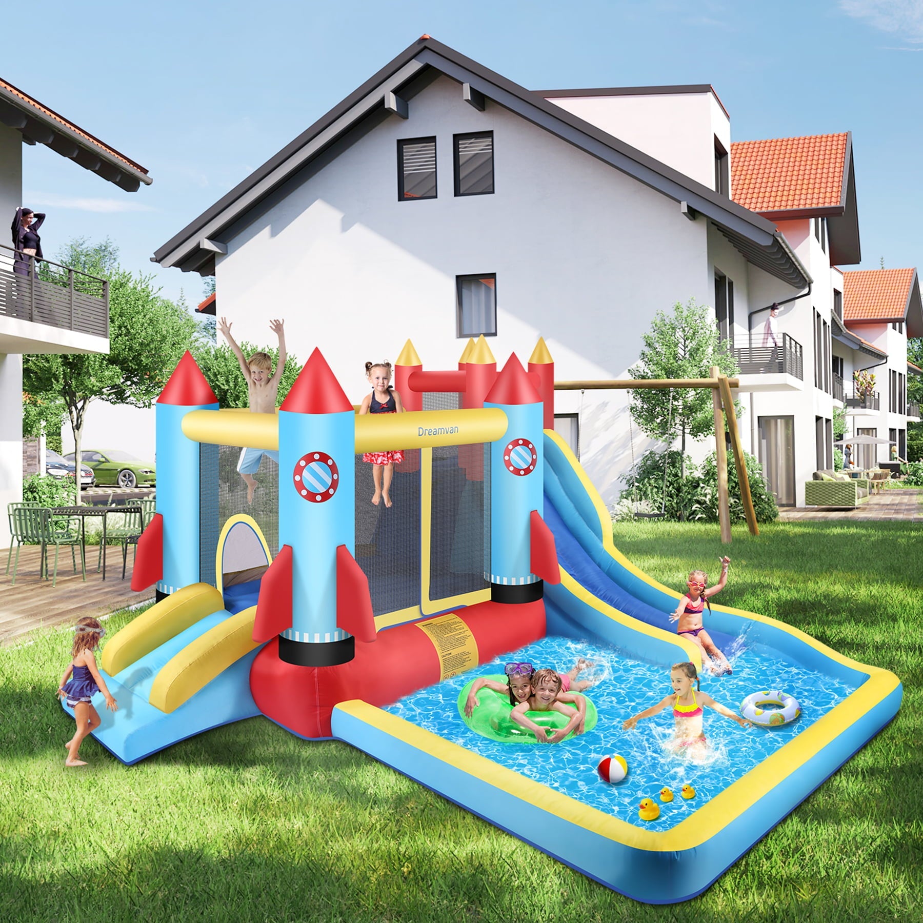 Inflatable Bounce House with Blower Children Bouncer with Large Bounce Area, 2 Slides, Climbing Wall, Play Pool, Water Slide, Park/Castle Theme
