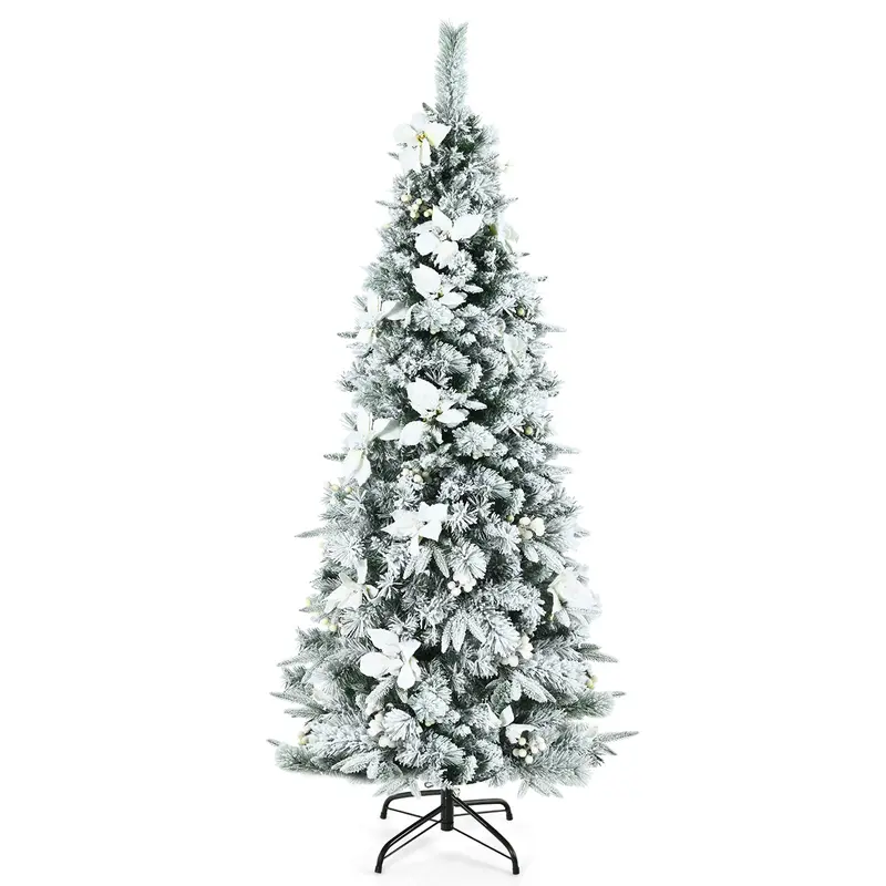 Slim Snow-Flocked Pencil Christmas Tree with White Berries – Hinged Artificial Xmas Tree