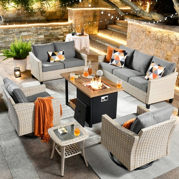HOOOWOOO 6piece Outdoor Furniture Wicker Patio Fire Pit Set with Swivel Rocking Chair