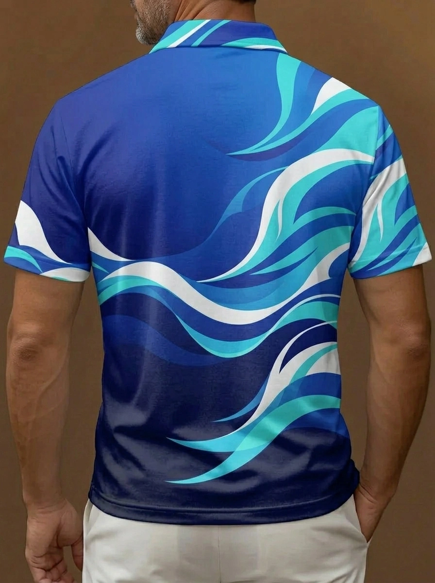 Royal Blue Wave Print Short Sleeve Golf Polo Shirt