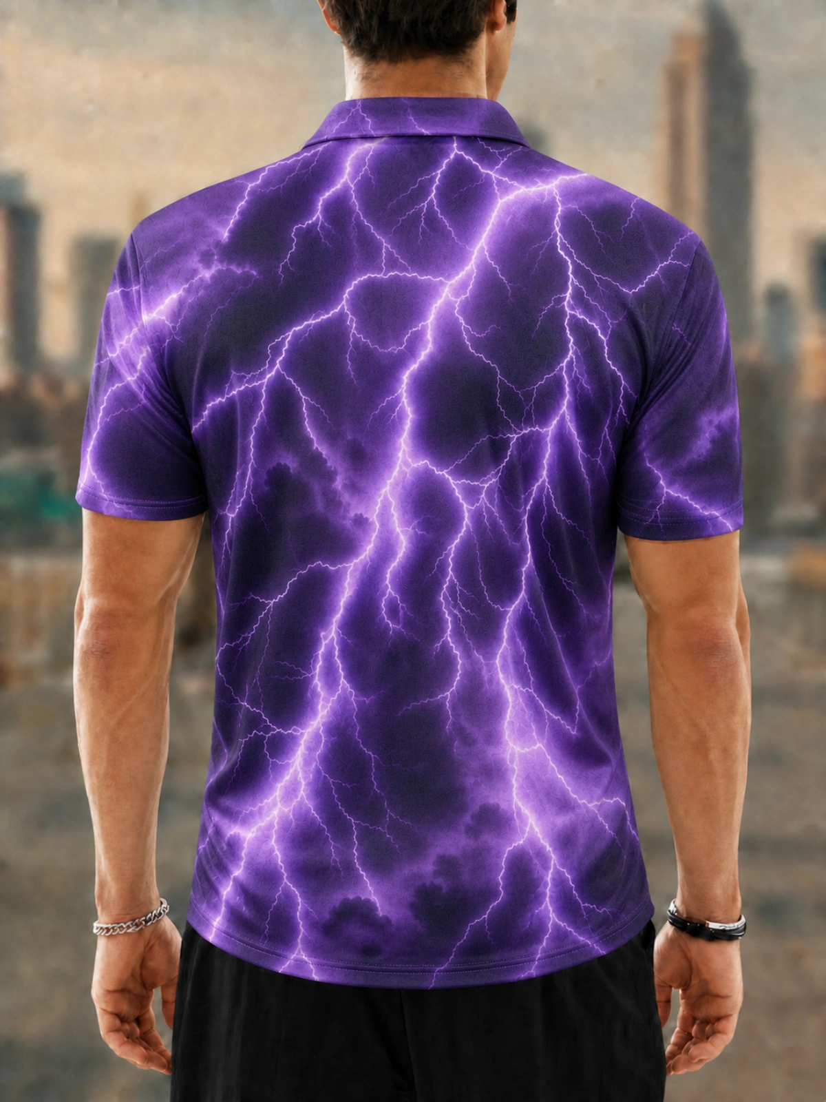 Moisture Wicking Golf Polo 3D Purple Thunder Lightning Cloud Button Short Sleeve Golf Polo Shirt