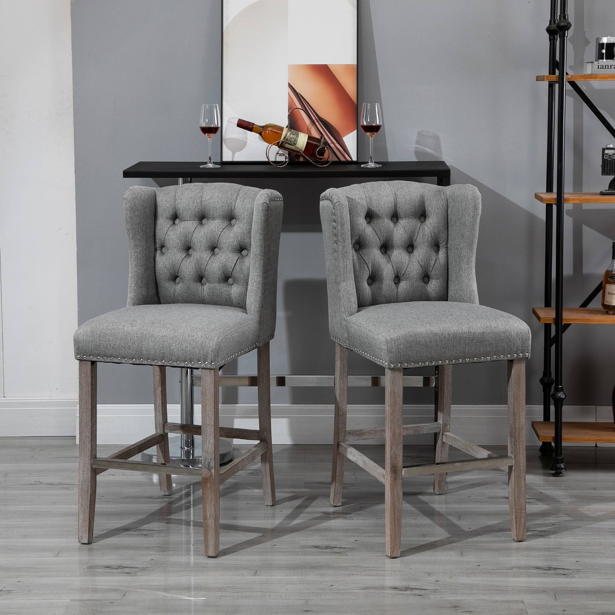 HOMCOM 2 Pack Counter Height Barstools with Tufted BACK, Solid Wood Legs, and Footrest, 41x22 H - Light Grey