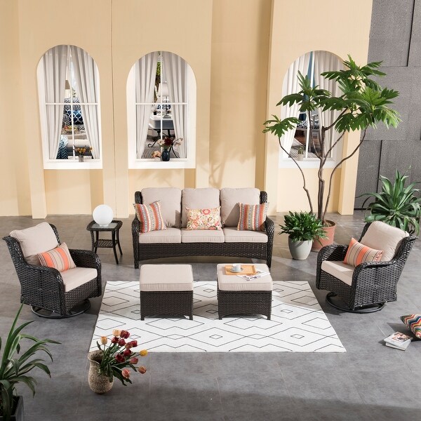 OVIOS 6piece Rattan Wicker Patio Furniture Set Swivel Gliding Chair Set