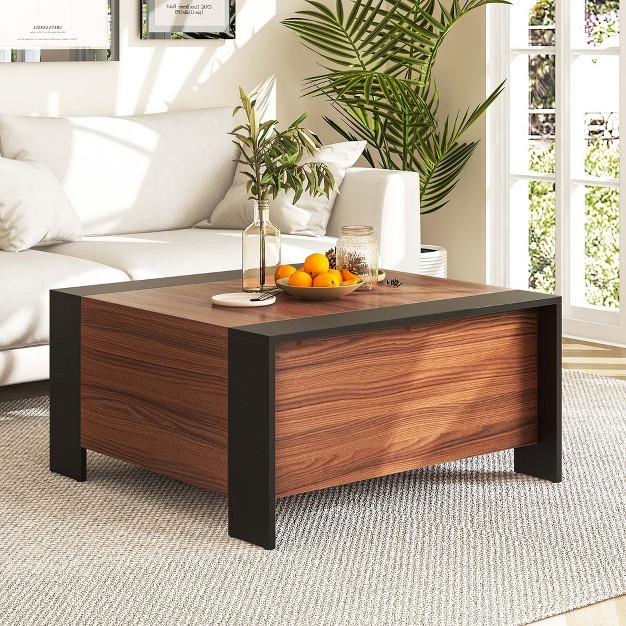 Costway 36 5 x27 x27 Coffee Table Square Cocktail Tea Table With Sliding Top amp Hidden Compartment Rustic Brown walnut grey