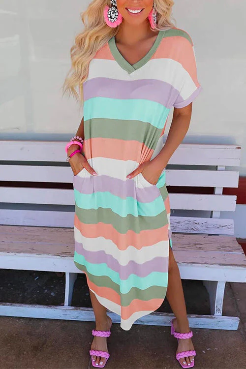 Rainbow Stripe V-Neck Midi T-Shirt DressClistos