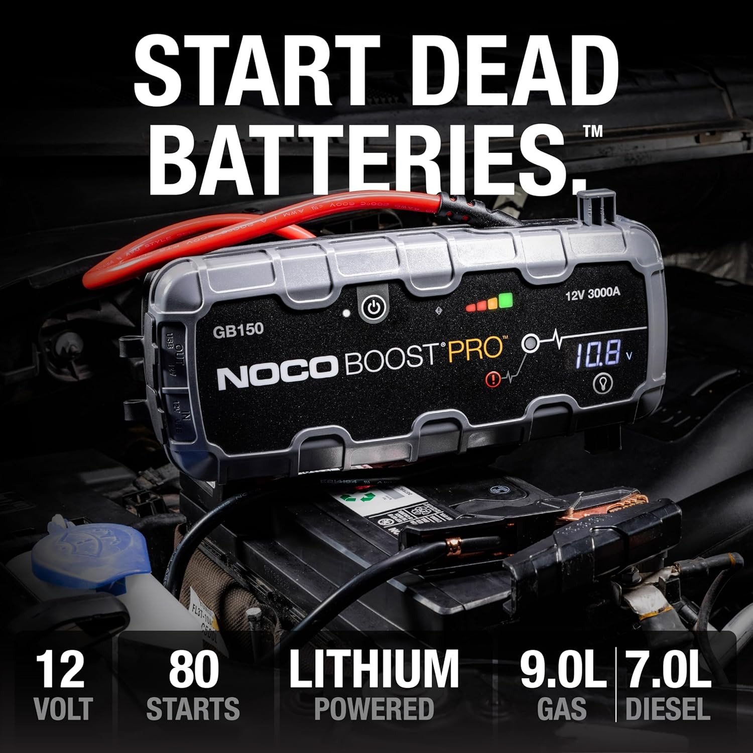3000A UltraSafe Jump Starter – 12V Lithium Battery Booster Pack, Portable Jump Box, Power Bank & Jumper Cables – for 9.0L Gas and 7.0L Diesel Engines