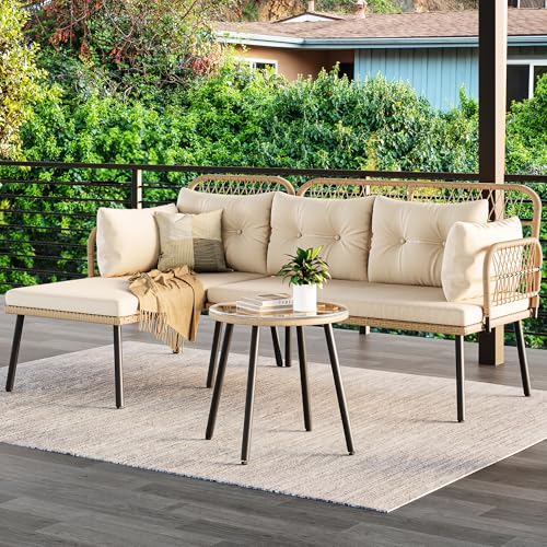 YITAHOME 4-Piece Patio Furniture Wicker Outdoor Bistro Set, All-Weather Rattan Conversation Loveseat Chairs for Backyard, Balcony and Deck with Soft Cushions and Metal Table (Light Brown+Black)