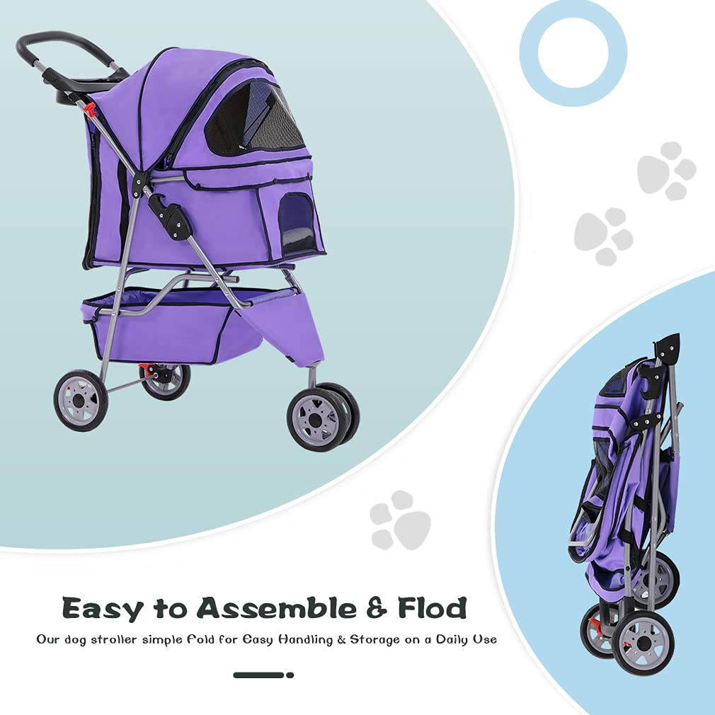 BestPet 3 Wheel Collapsible Pet Stroller,Purple