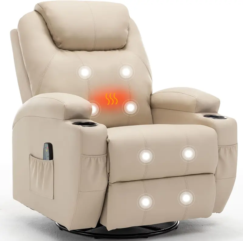 Swivel Recliner Chair with Heat & Massage Functions – Manual Rocking Lounge Chair Featuring Remote Control, Cup Holder, and 360° Rotation