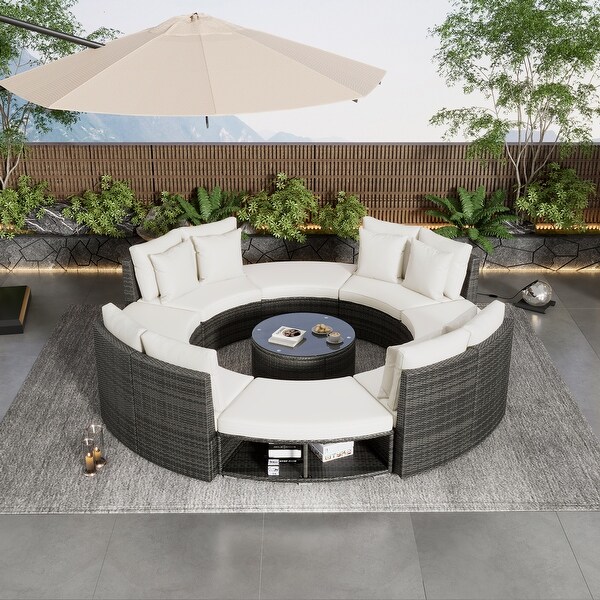9Piece Outdoor Patio Furniture Luxury Circular Sofa Set,Rattan Wicker Sectional Sofa Lounge with Coffee Table,6 Pillows