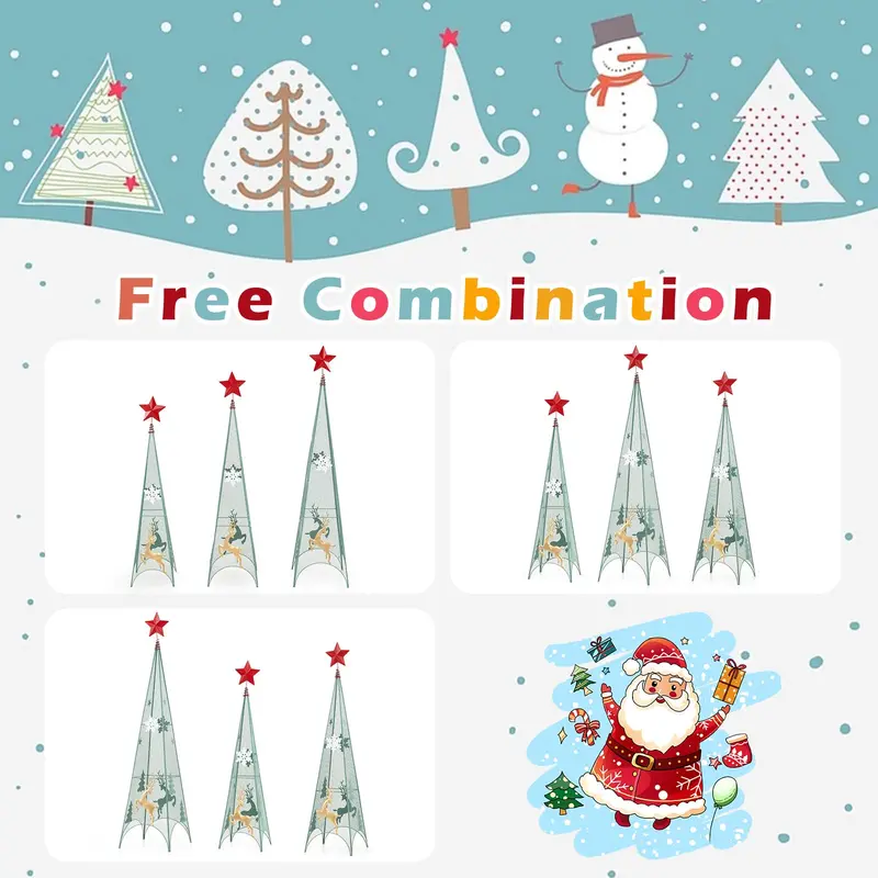 Three-Tier Tower-Style Artificial Christmas Trees — 3 ft, 3.5 ft, and 4 ft Metal Frames with Removable Star Toppers and Mini Reindeer Accents