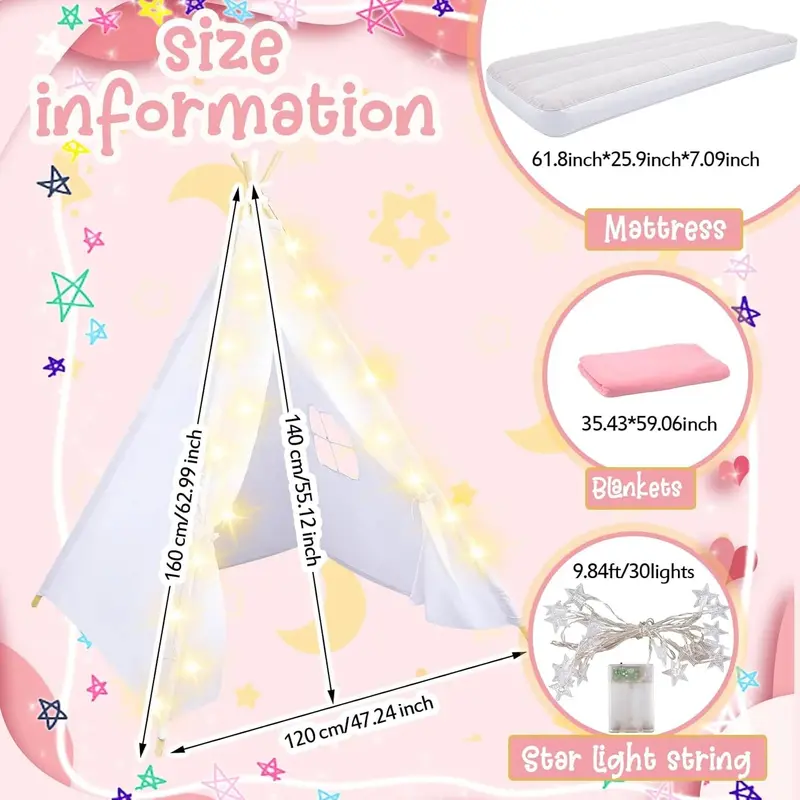 Windyun 8-Piece Kids Teepee Tent Set – White Fabric Play Tents with Sturdy Poles, Ideal for Sleepovers and Indoor Play