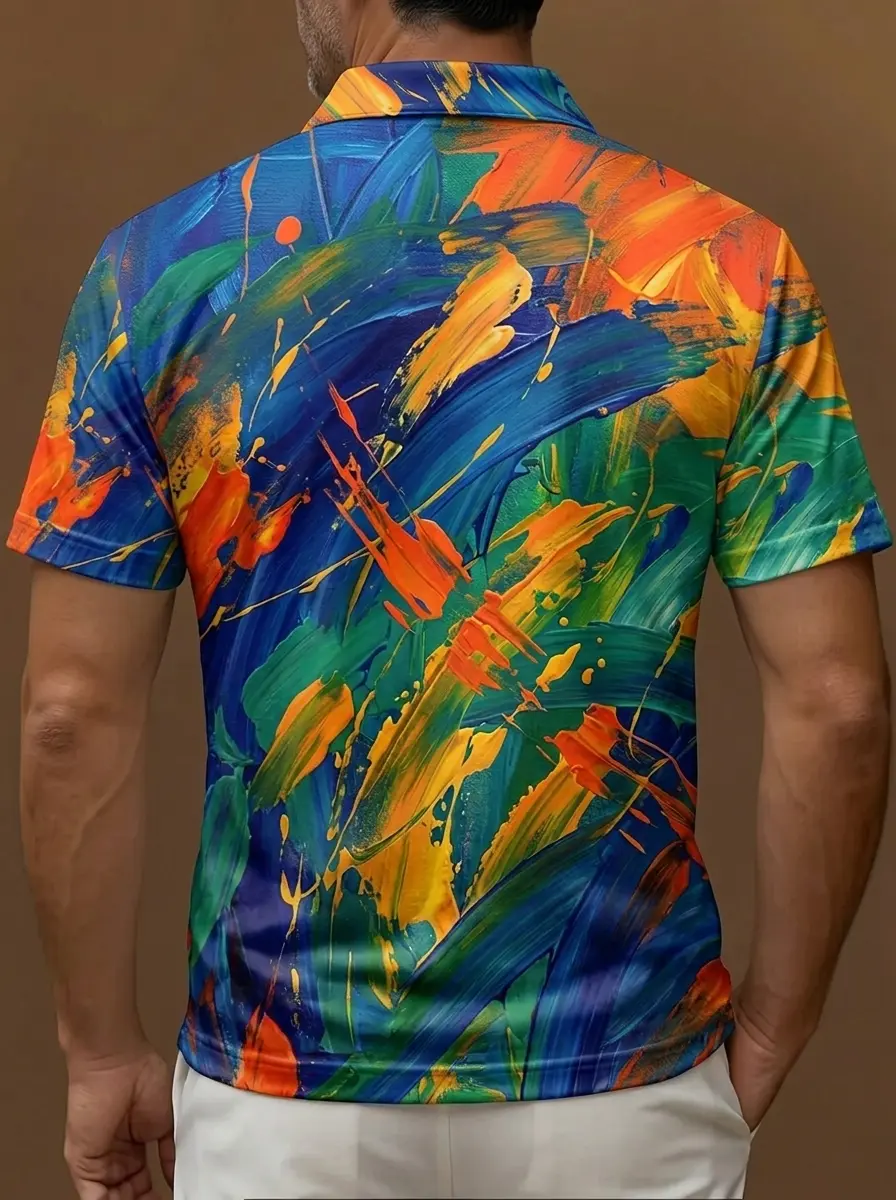 Multicolor Abstract Paint Brushstroke Print Short Sleeve Golf Polo Shirt