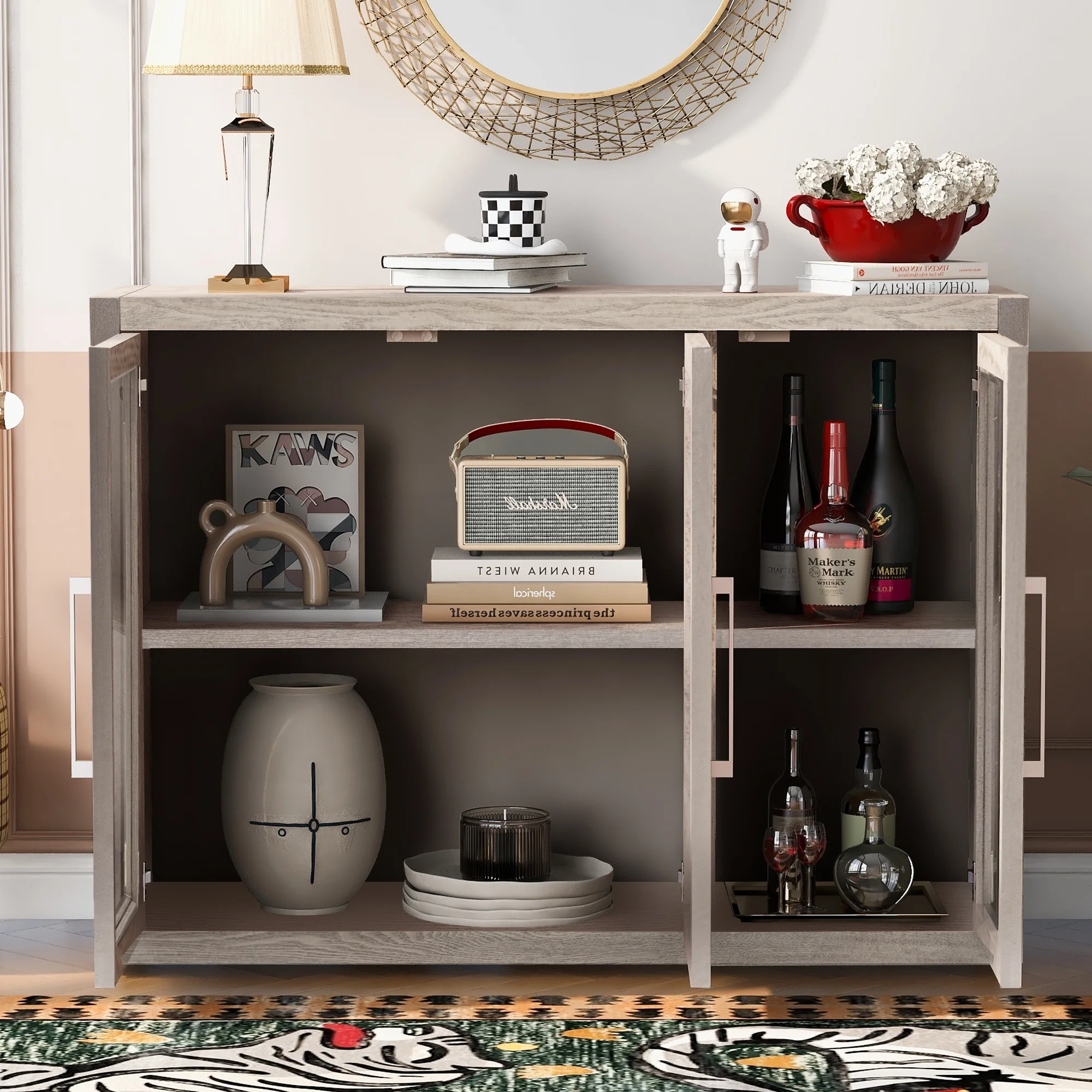 CoSoTower Wood Storage Cabinet with Three Tempered Glass Doors and Adjustable Shelf,Suitable for Living Room, Study and Entrance