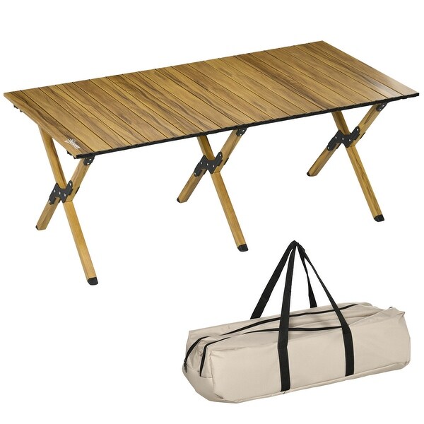 Outsunny 4ft Aluminum Camping Table,Folding RollUp Picnic Table with Carry Bag,Waterproof and Woodgrain Finish