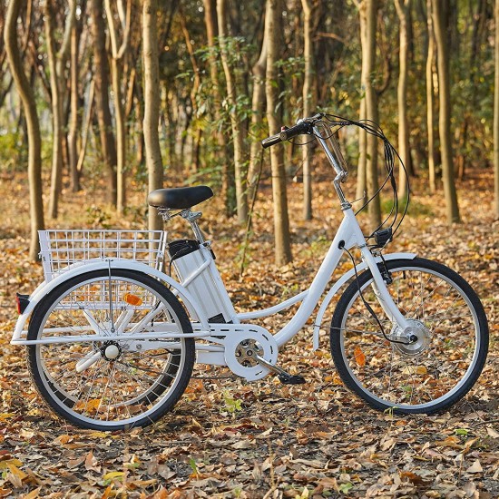 3 Wheel Electric Bike for Adults with 250w Motor, Bike Tube, Removable 36V 10Ah Lithium Battery, Adult Tricycle with Adjustable Cruiser Bike Seat and Bike Basket, Exercise Bike
