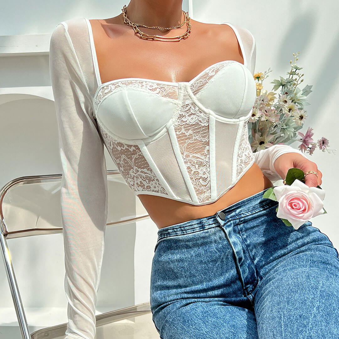 Lace Corset Top with Sheer SleevesClistos