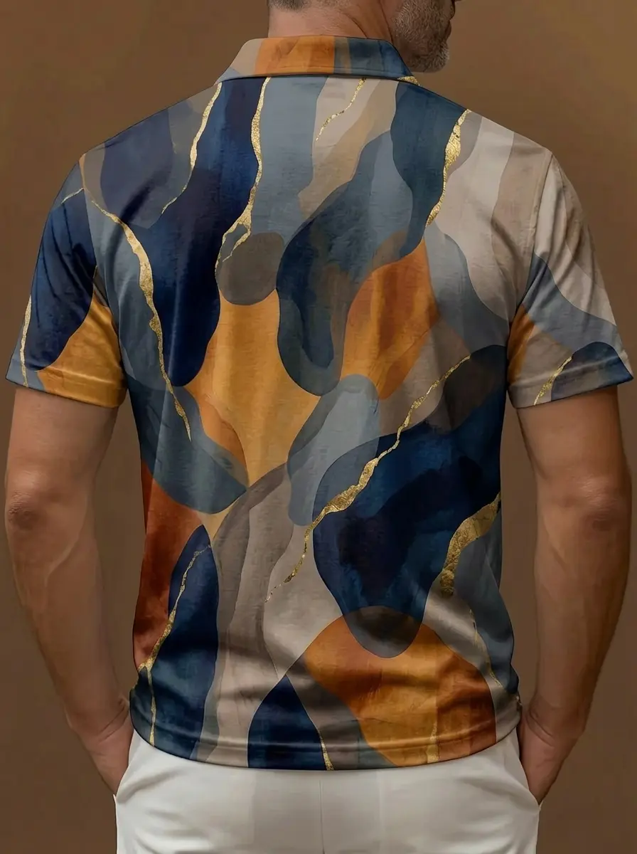 Blue Gold Marble Swirl Abstract Print Short Sleeve Golf Polo Shirt