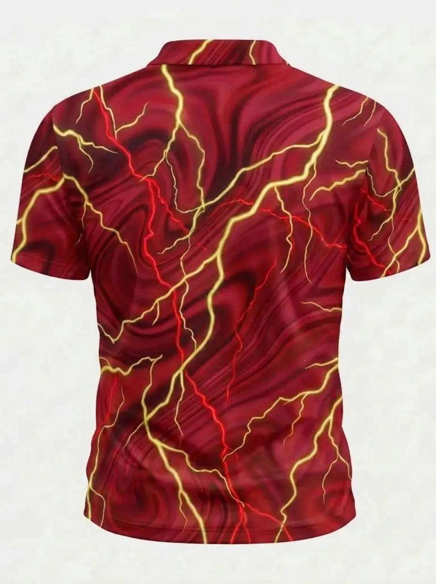 Moisture Wicking Golf Polo 3D Red Marble Gold Lightning Print Button Short Sleeve Golf Polo Shirt