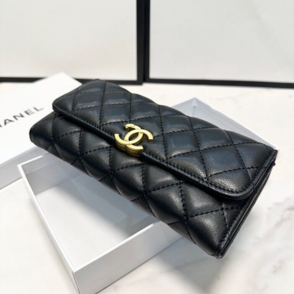 Chanel Cc Logo Long Flap Wallet Gold Black 7.5 Inches
