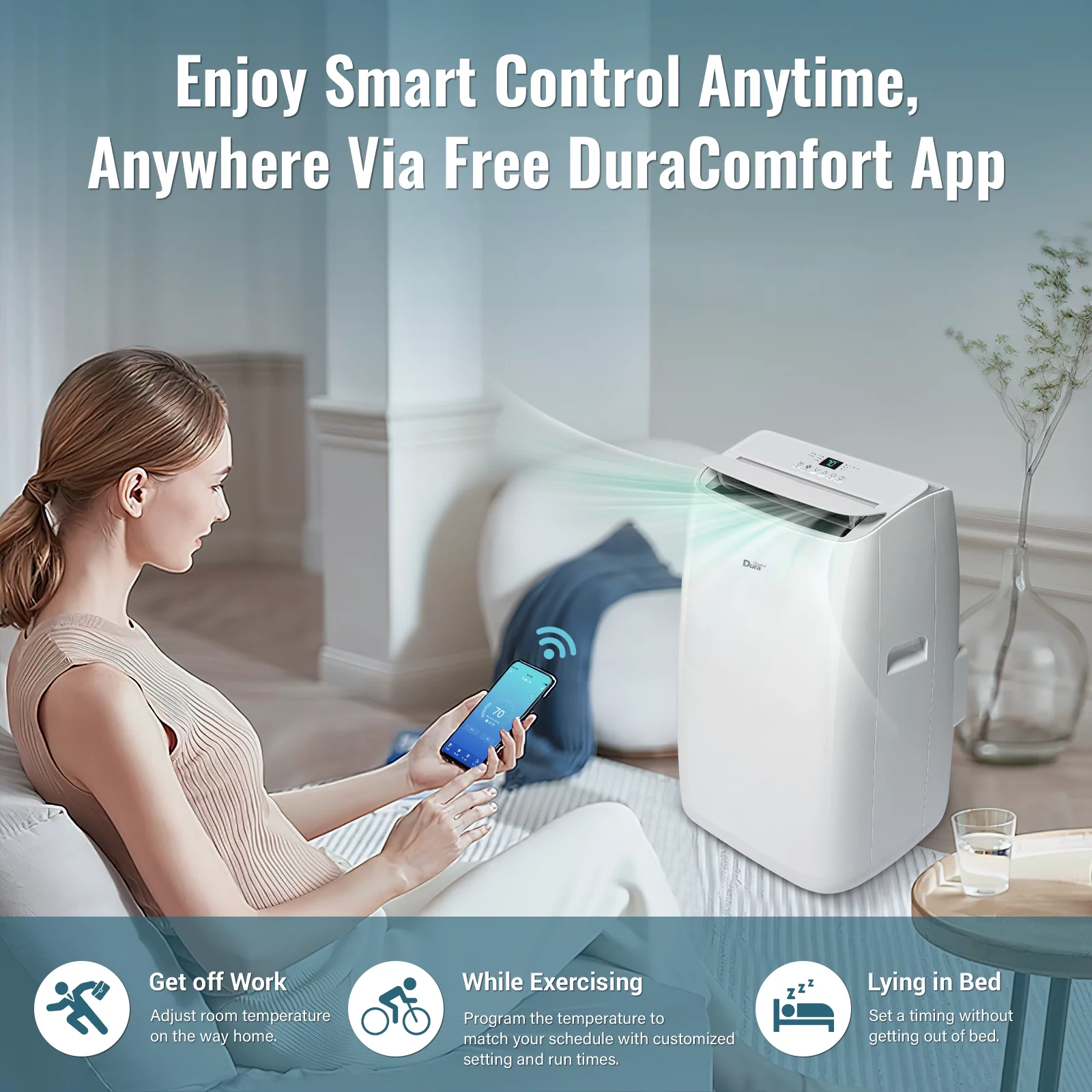 DuraComfort Room Portable Air Conditioners,  8150BTU (12000 BTU Ashrae) Smart WiFi, Built-in Cool, Dehumidifier, Fan, White