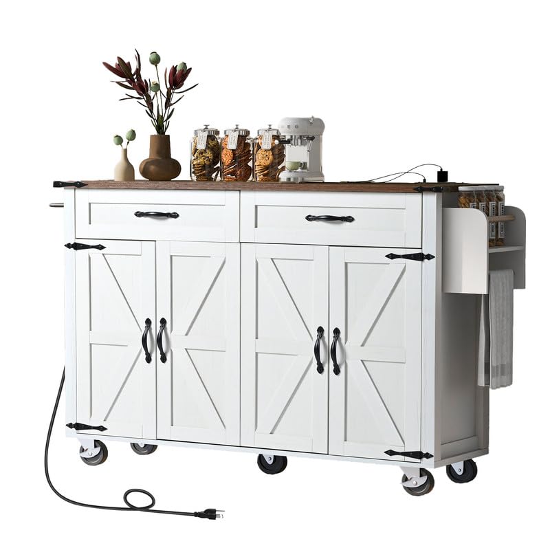 53.5''Farmhouse Kitchen Island with Power Outlet, Kitchen Storage Island with Drop Leaf, Spice Rack and Drawer, Rolling Kitchen Cart on Wheels, for Home, Kitchen and Dining Room