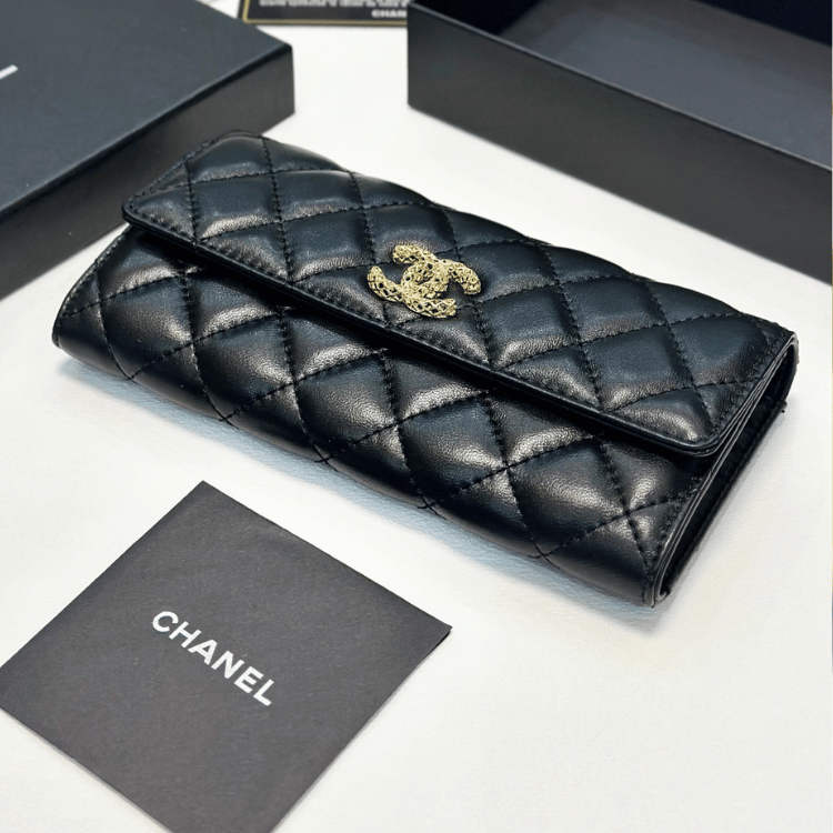 Chanel Quilted Long Flap Wallet Black 7.7 Inches